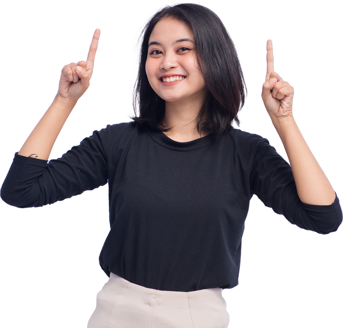 Young Business Woman Pointing Up Smiling